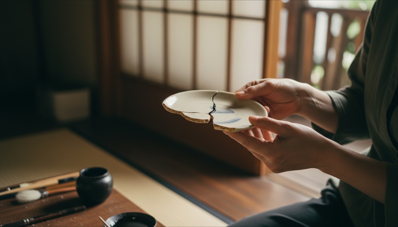 Hands applying gold along a kintsugi seam at the Kobo kulukulu workshop in Kyoto
