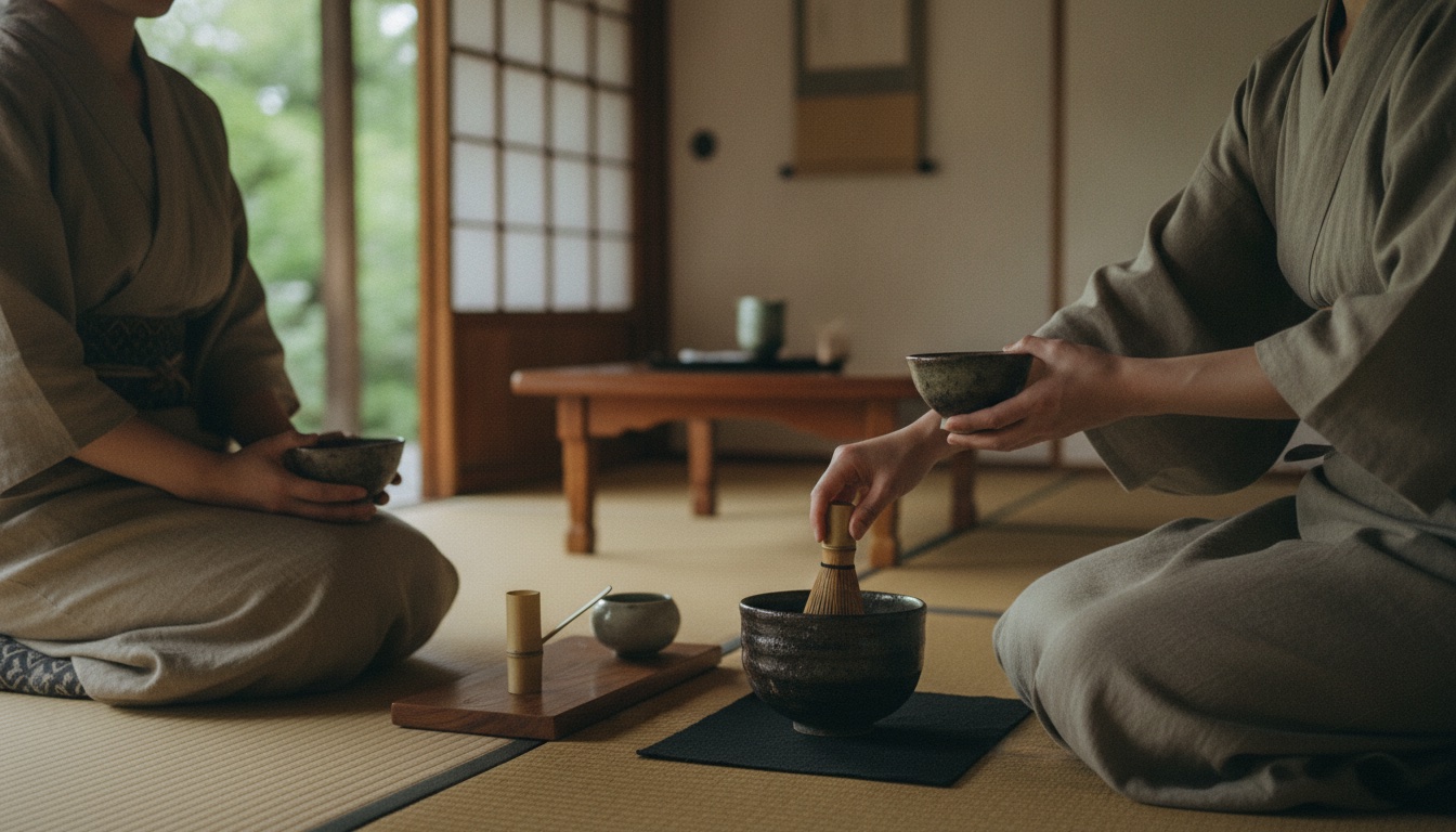 Temple corridor, quiet garden, and matcha setting prepared for a contemplative Osaka visit
