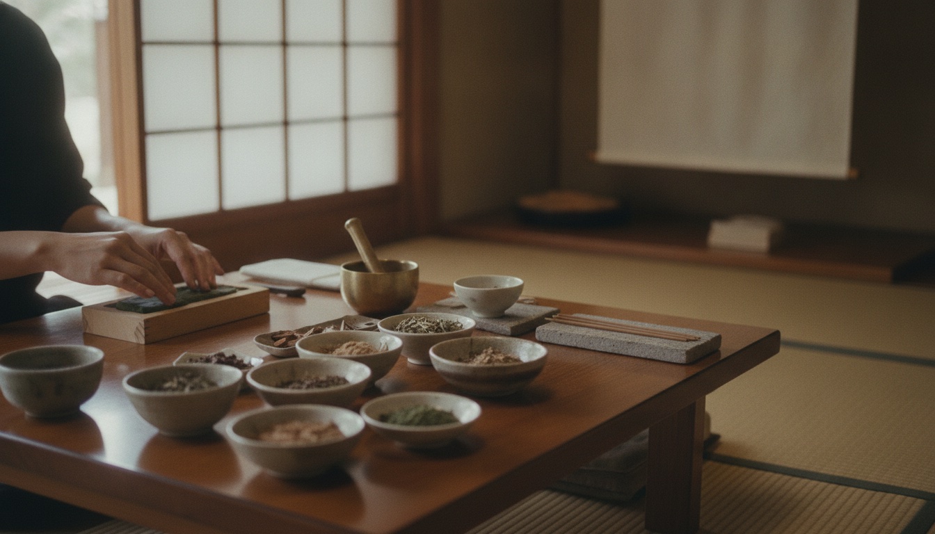 Calm temple interior with incense materials, meditation cushions, and soft morning light