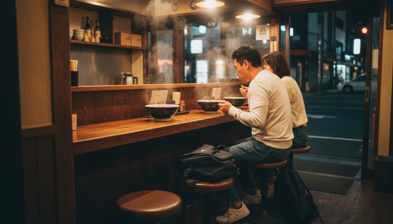 A bowl of halal wagyu ramen with a side of gyukatsu in a warm Tokyo dining setting