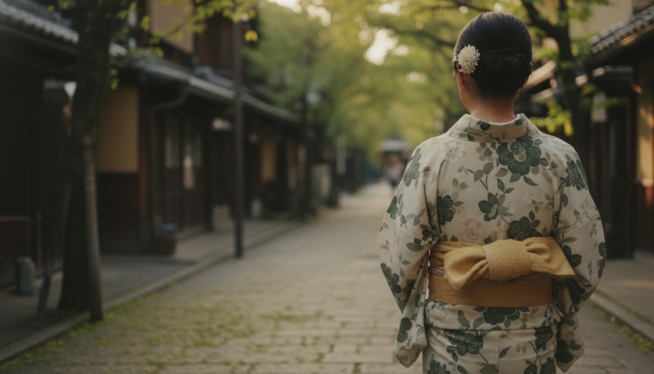 Visitor in rented kimono walking toward Senso-ji's Nakamise shopping street