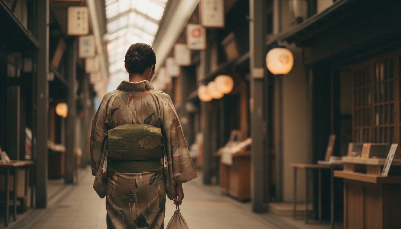 A kimono and obi sash arrangement at the VASARA Asakusa Station Front Branch