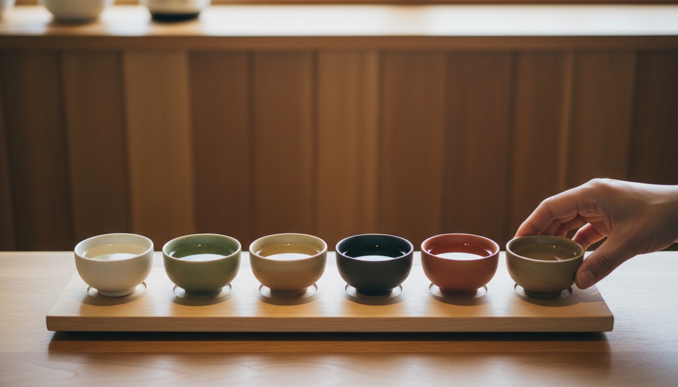 A sake tasting flight at WASAKE Sake Experience in Asakusa