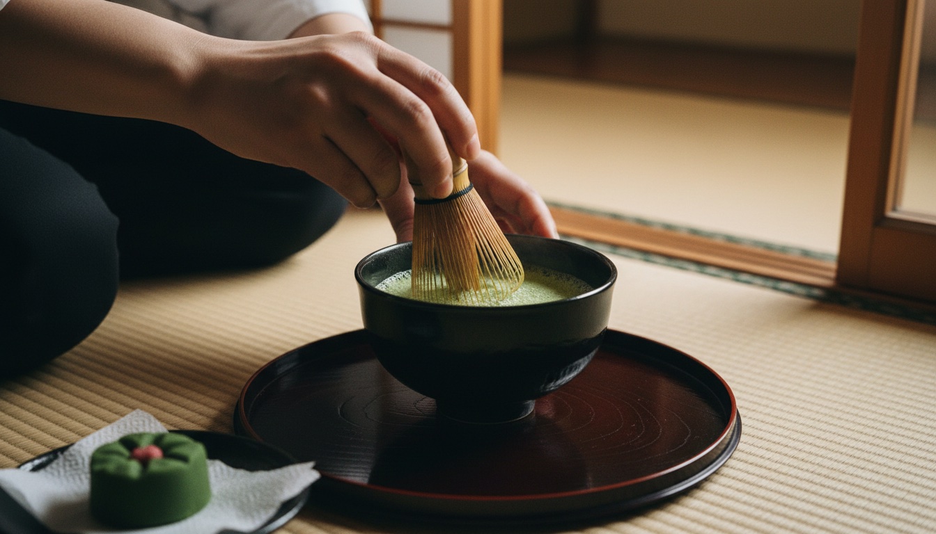A pair of hands whisking matcha tea in a traditional Japanese tea bowl in Asakusa