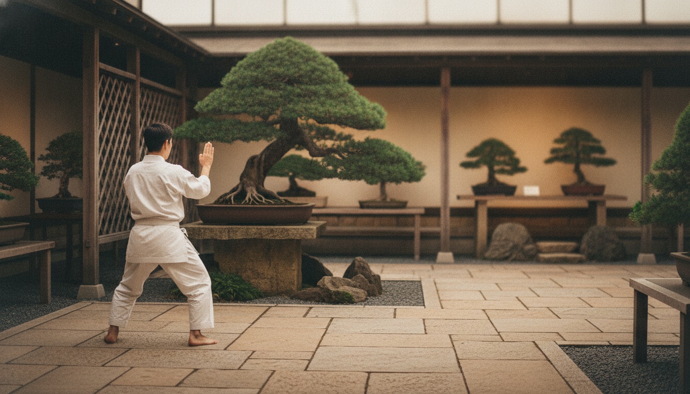 Karate practice and bonsai viewing in a calm Tokyo cultural setting