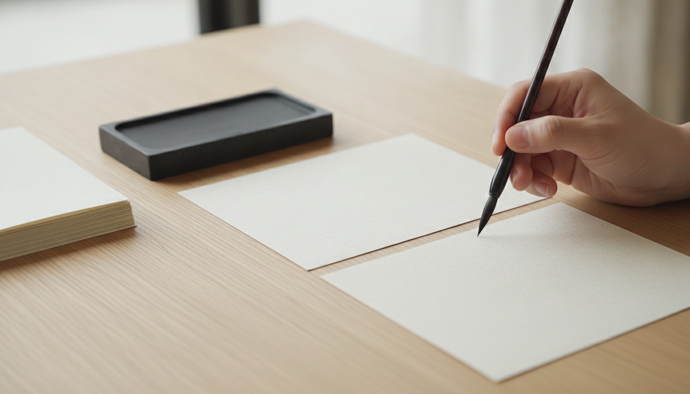 Brush, ink, and postcard paper arranged for a seasonal calligraphy session in Tokyo