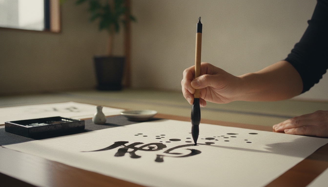Brush, ink, and white paper arranged for a private calligraphy lesson in Tokyo