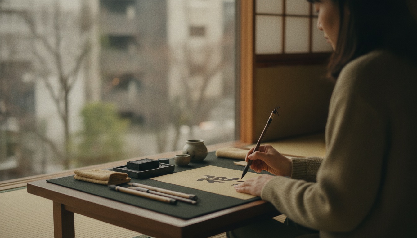 A brush writing bold calligraphic characters on white paper in a Tokyo studio