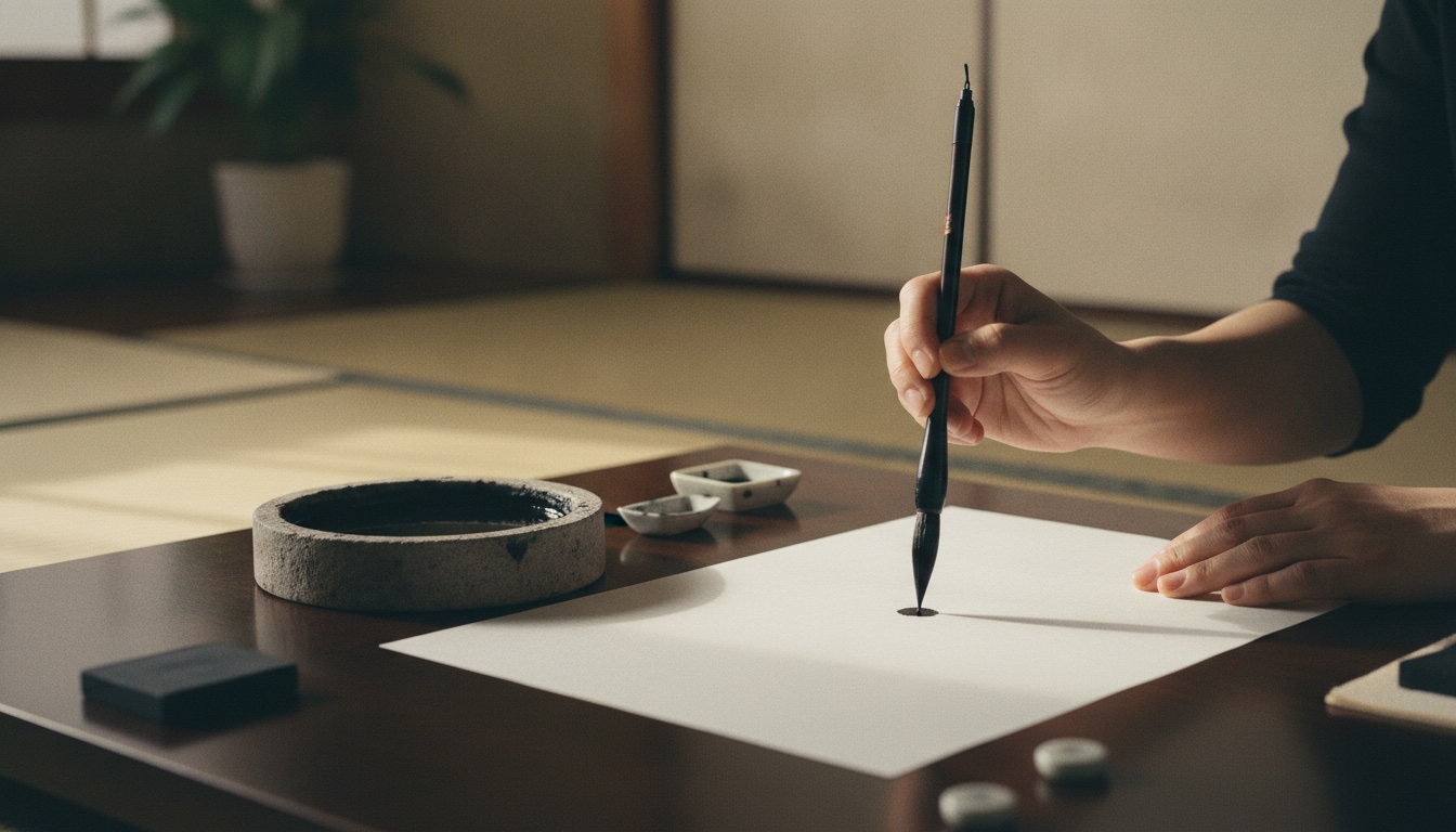 Brush, ink, tatami-room details, and a calm calligraphy atmosphere in Tokyo