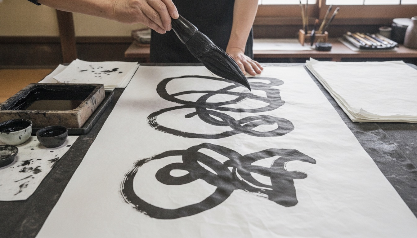 Calligraphy brushes, ink, and paper arranged for a traditional lettering workshop in Tokyo
