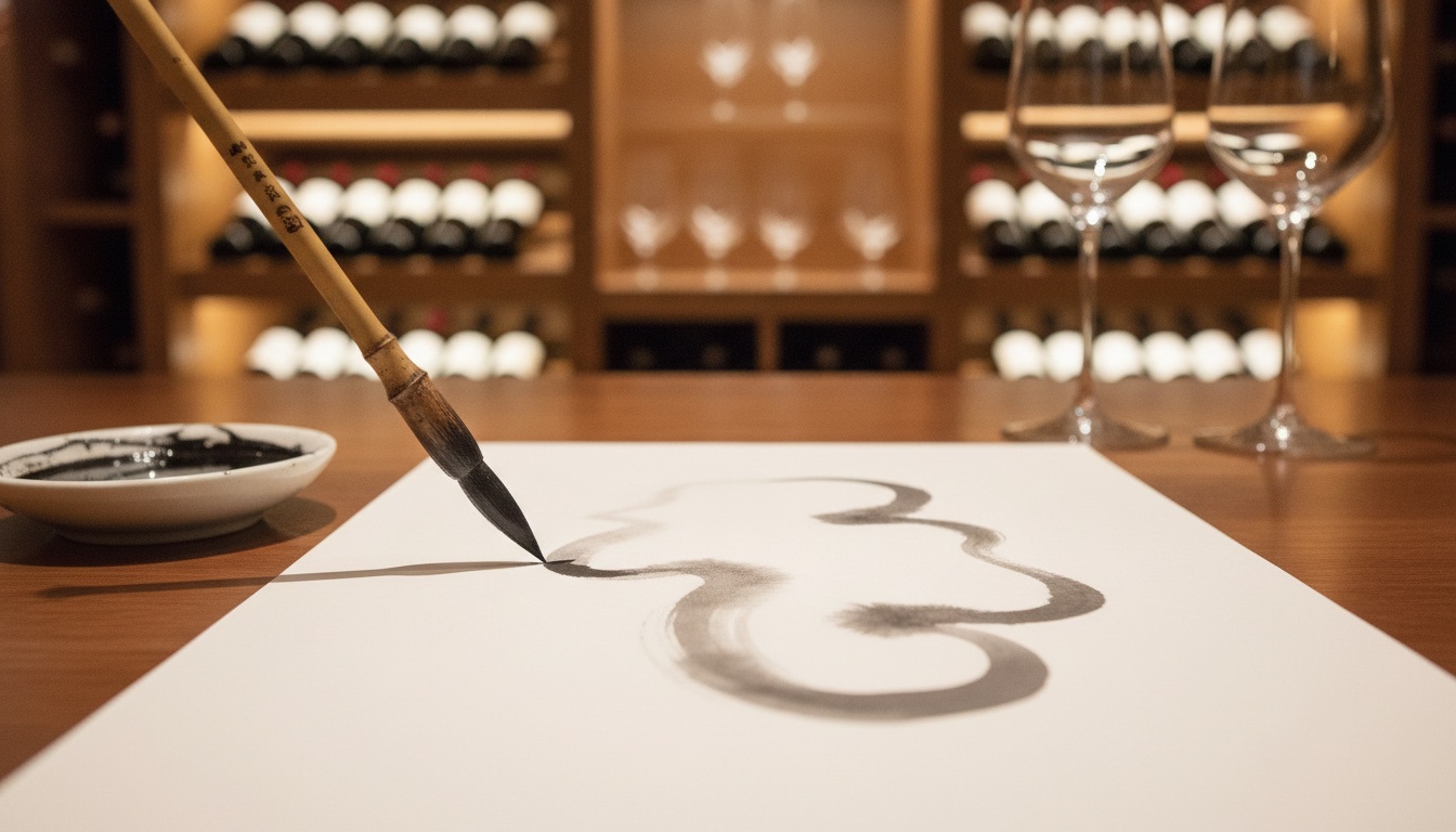 Brush, paper, and wine glasses arranged in a calm Tokyo cellar setting