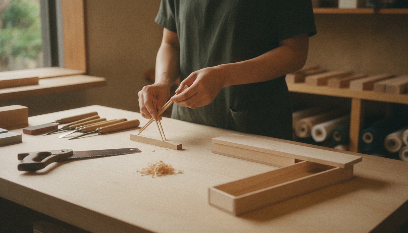 Freshly carved wooden chopsticks and hand tools laid out on a Tokyo workshop bench