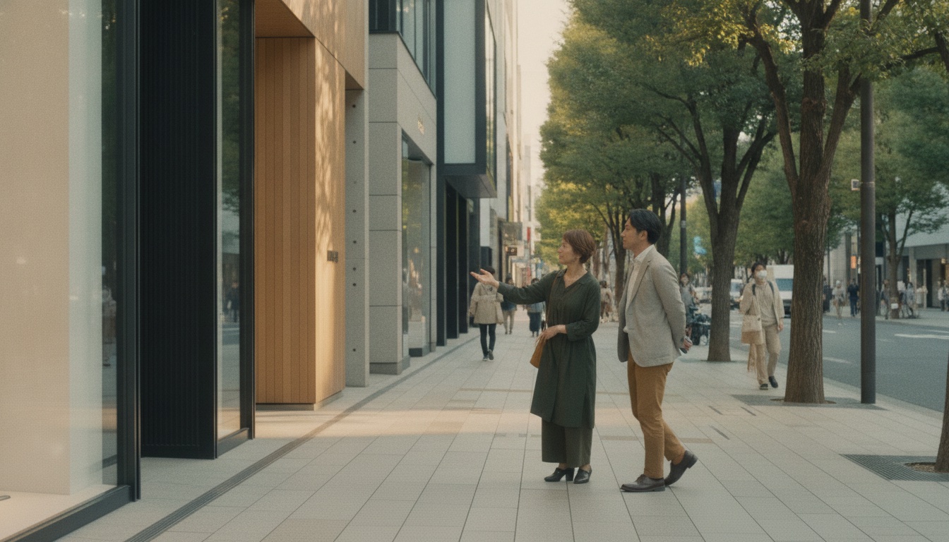 Clean modern streetscape in Omotesando with layered architecture and tree-lined avenues