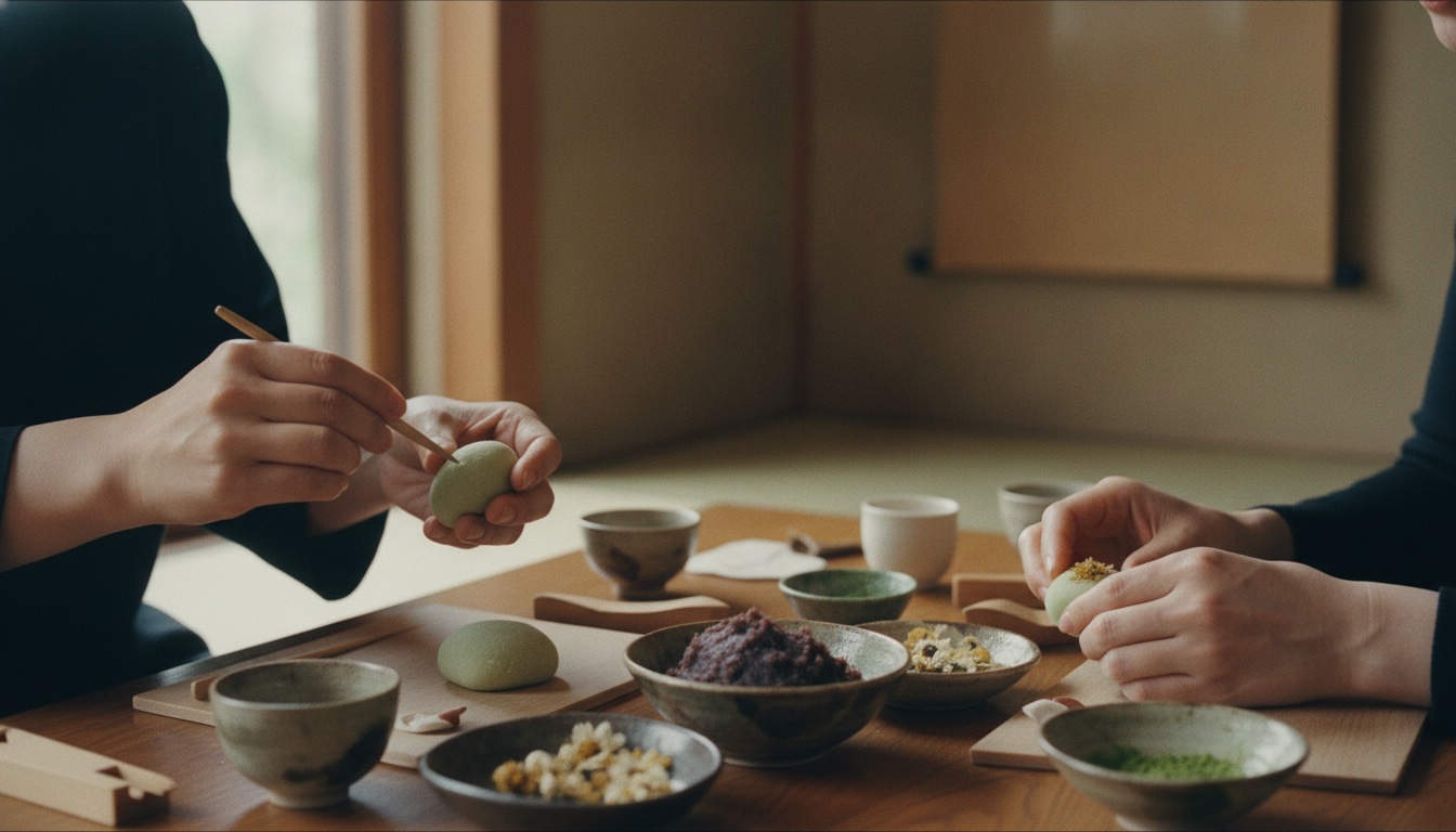Seasonal wagashi sweets and tea arranged before a calm Tokyo tasting scene