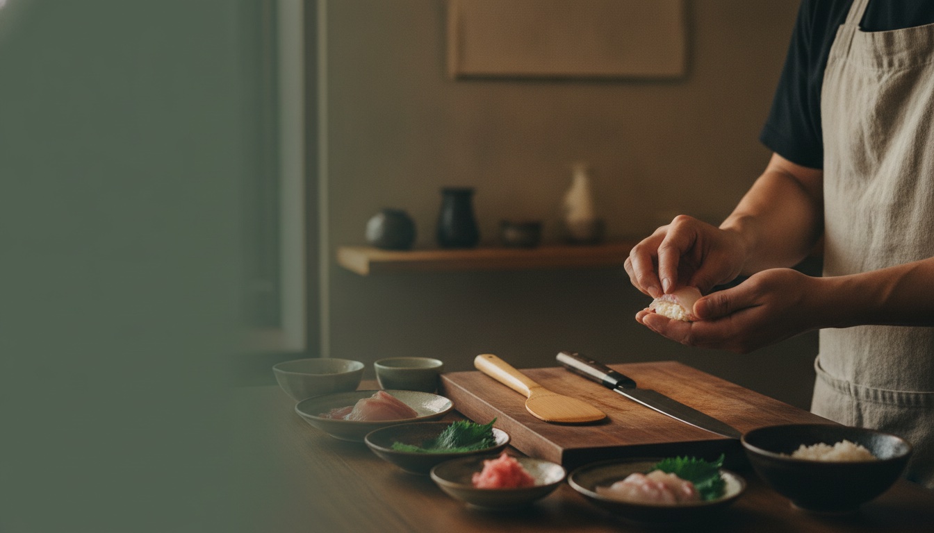 Hands shaping nigiri at a quiet sushi counter in Tokyo