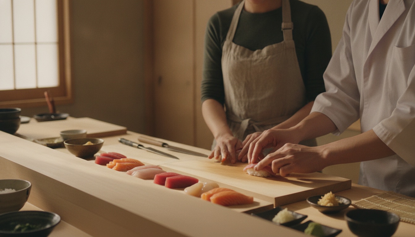 Fresh sushi ingredients and a chef-guided shaping lesson in a refined Tokyo workshop setting