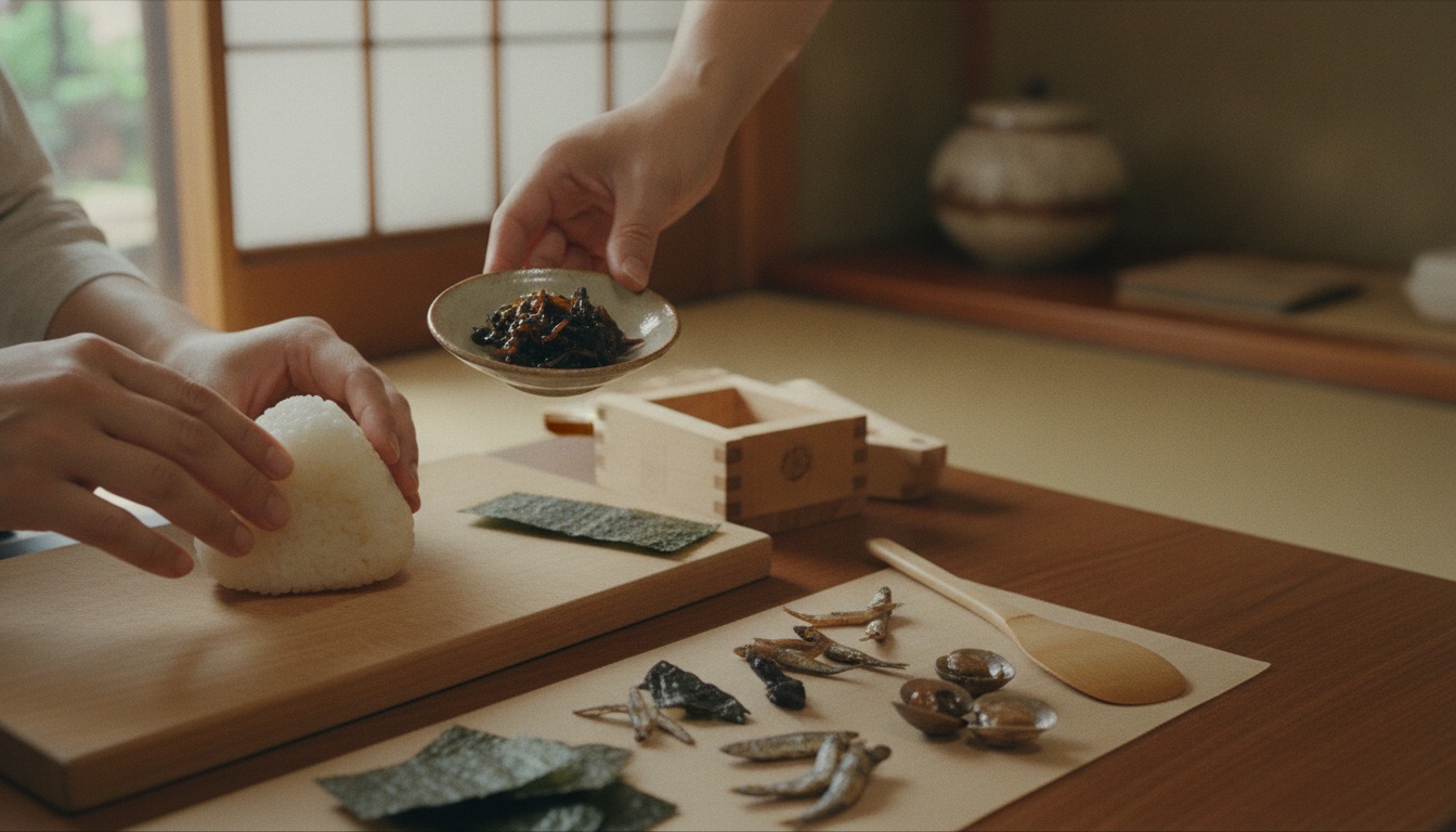 Onigiri shaping and tsukudani tasting on a small Tokyo shop counter