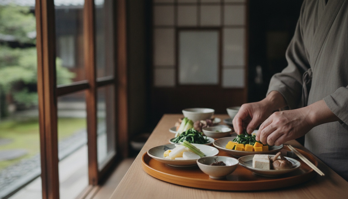 A calm temple cooking setup with seasonal ingredients and Japanese tableware in Tokyo