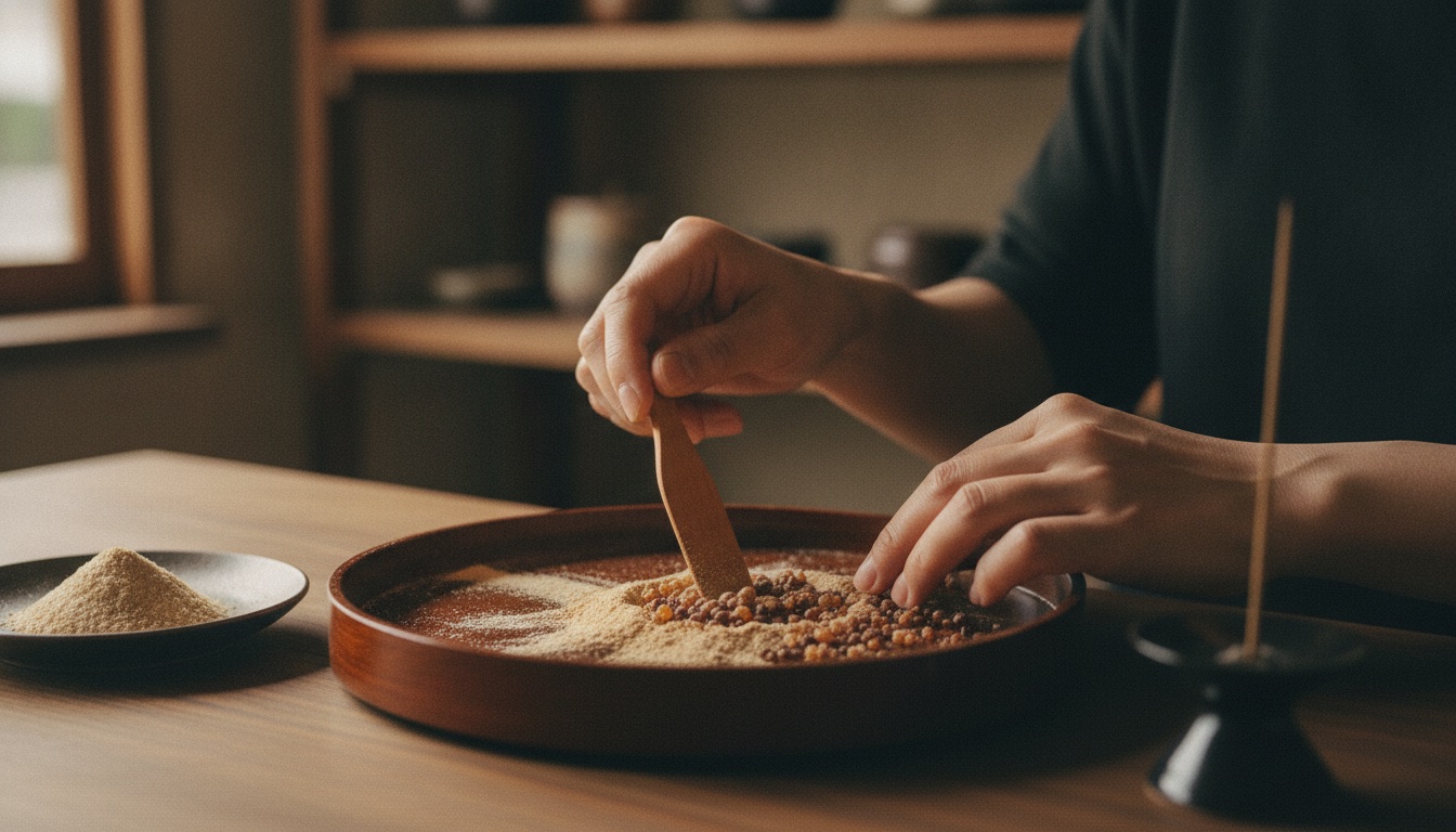 Hands blending incense ingredients in a refined Ginza setting