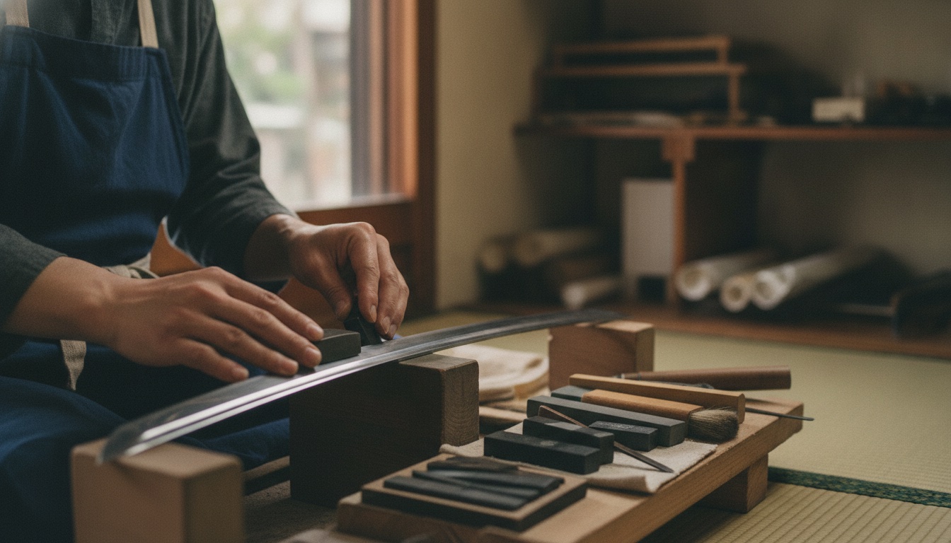 Traditional sword-polishing tools and a blade detail in a subdued Tokyo craft setting