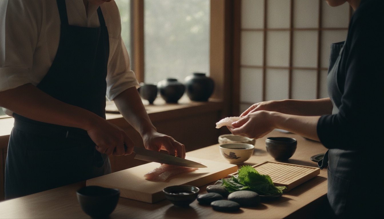Early-morning market atmosphere with fresh ingredients and a chef-led food tour mood in Toyosu