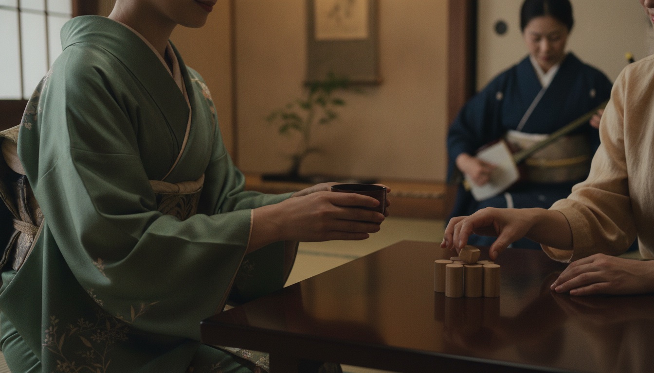 Intimate tatami-room geisha evening with music and seasonal table setting