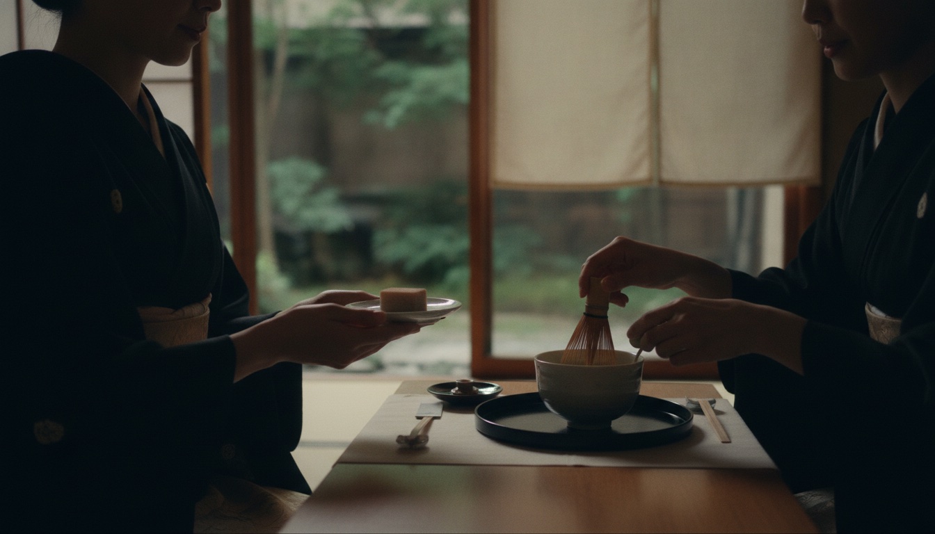 Quiet tea setting inside a refined ryotei-style room in Tokyo