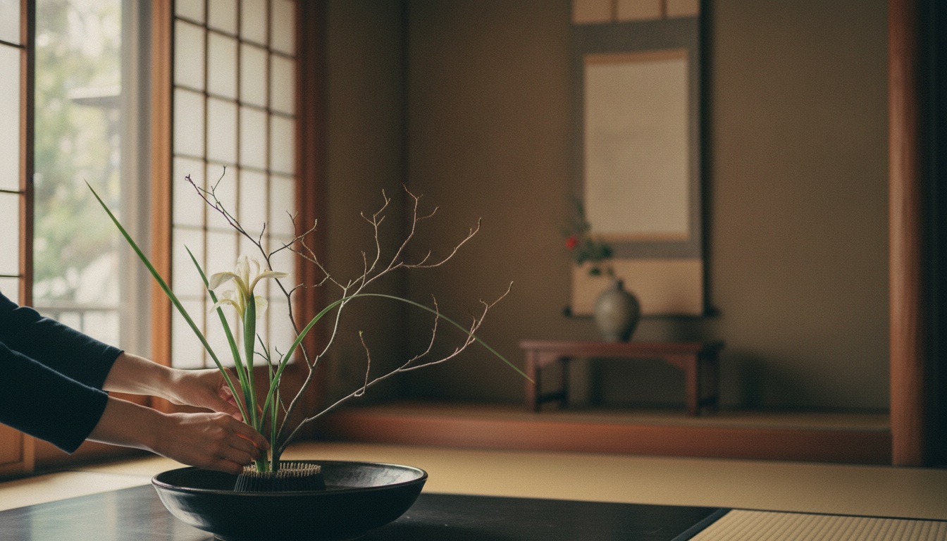 Fresh branches and flowers arranged during a quiet ikebana lesson in Tokyo