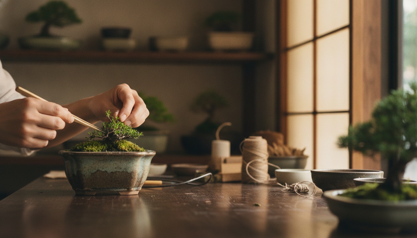 Antique pots and carefully arranged miniature plant materials prepared for an art bonsai workshop