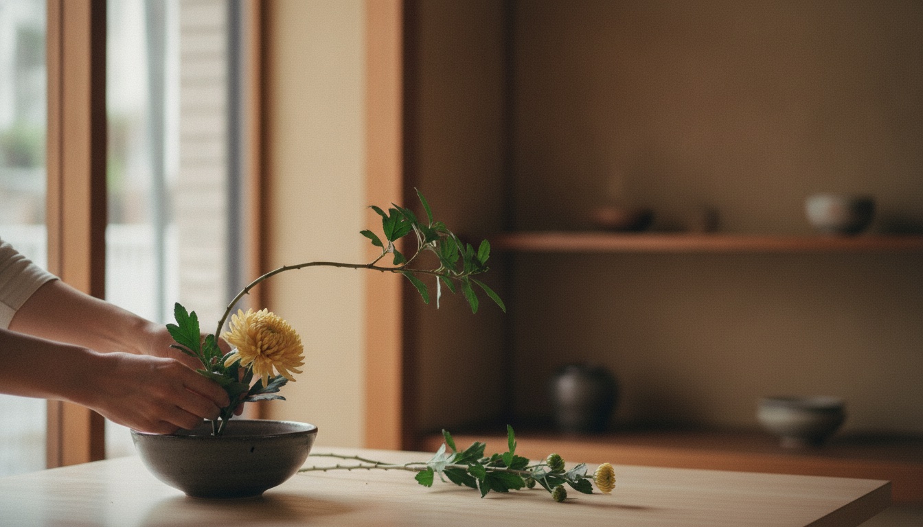 A quiet ikebana arrangement in progress with seasonal branches and a low vessel in Tokyo