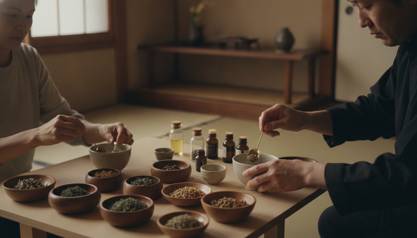 Essential oils, blending tools, and a calm atelier table prepared for a fragrance workshop in Tokyo