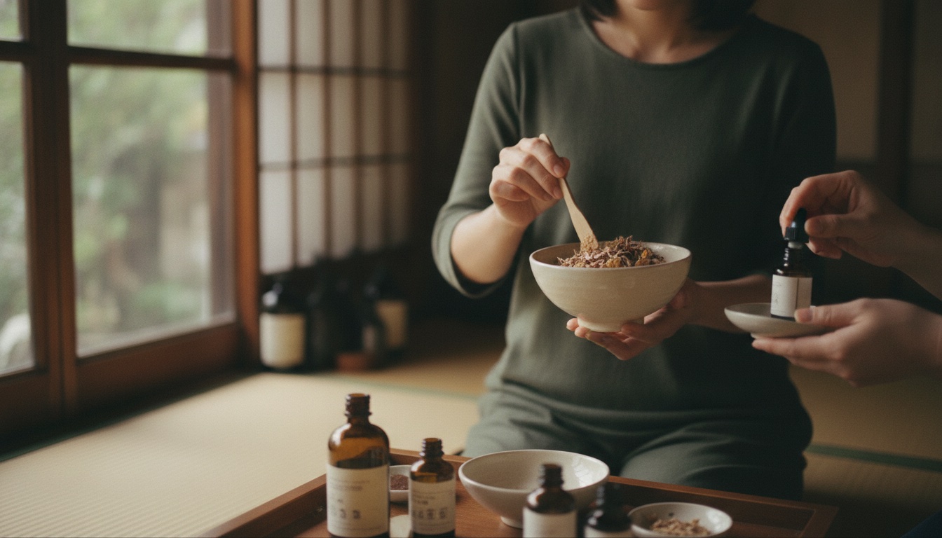 Natural fragrance ingredients and blending tools arranged in a refined Tokyo scent workshop