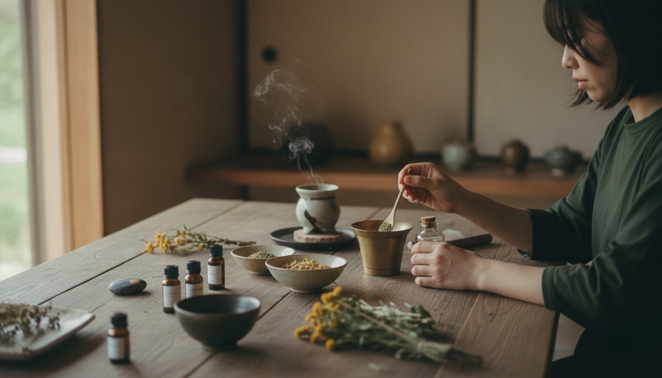 Fragrance materials and small blending tools arranged in a refined Tokyo craft setting