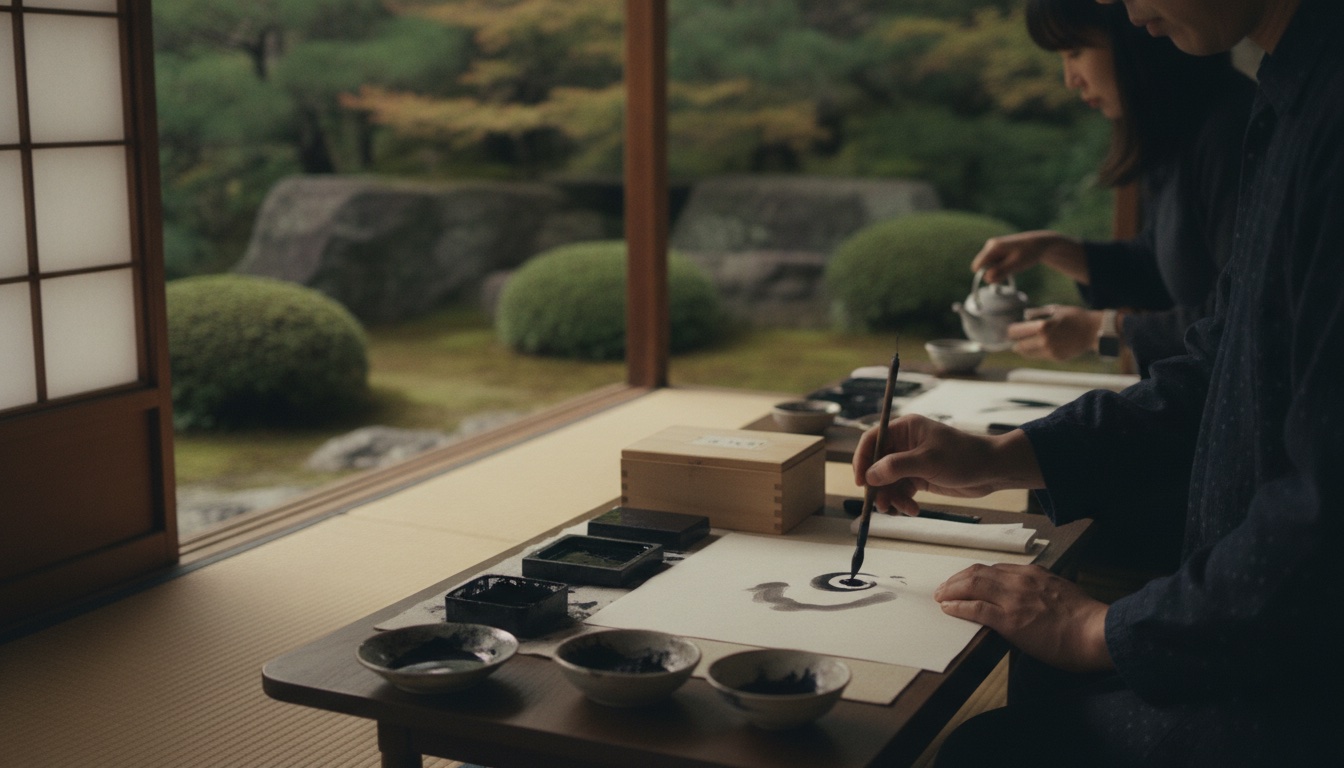 Quiet ink painting setup inside a teahouse overlooking a Japanese garden