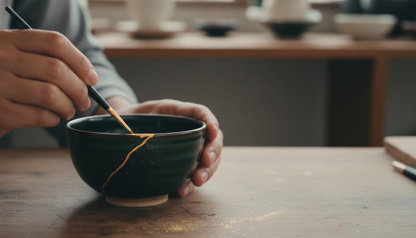 Hands applying gold powder along a kintsugi seam at a Tokyo workshop