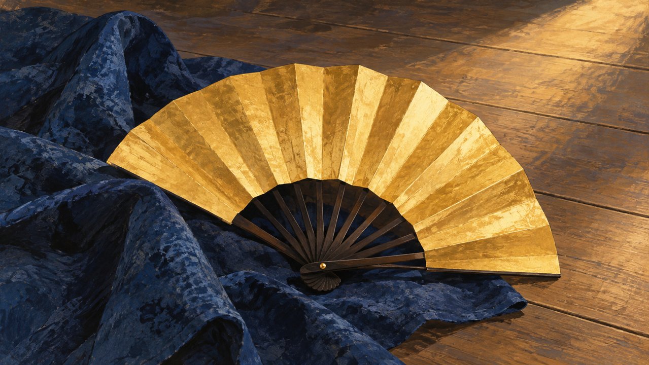 Illustrative gold dance fan resting on indigo cloth