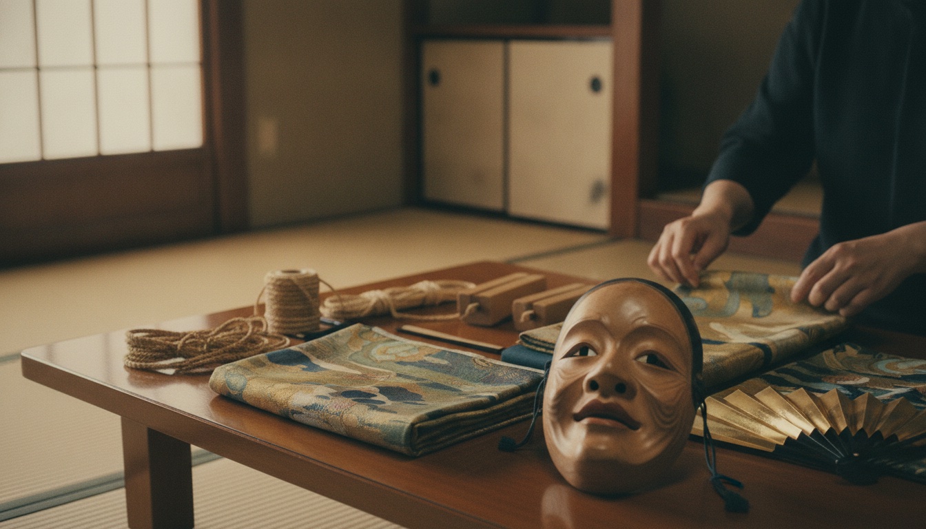 Noh masks, textiles, and stagecraft artifacts arranged for a private cultural experience in Tokyo