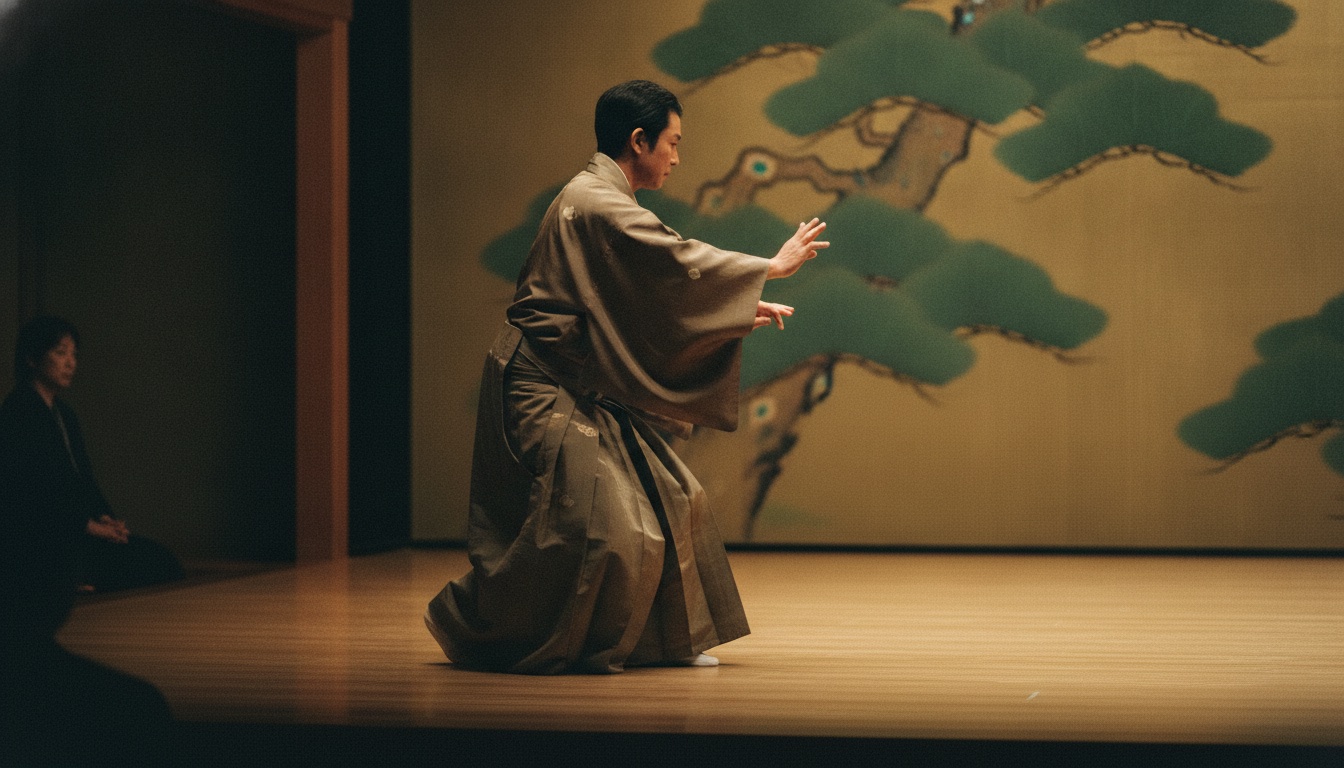 A refined Noh-theater setting prepared for a private kyogen workshop in Tokyo