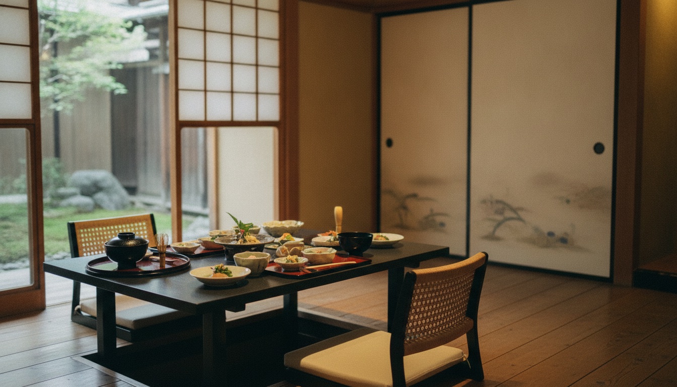 Seasonal kaiseki dishes arranged in an intimate private Tokyo dining room