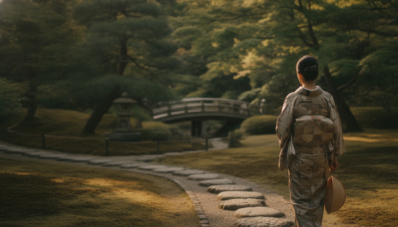 A traveler in formal kimono walking through a refined Japanese garden in Tokyo