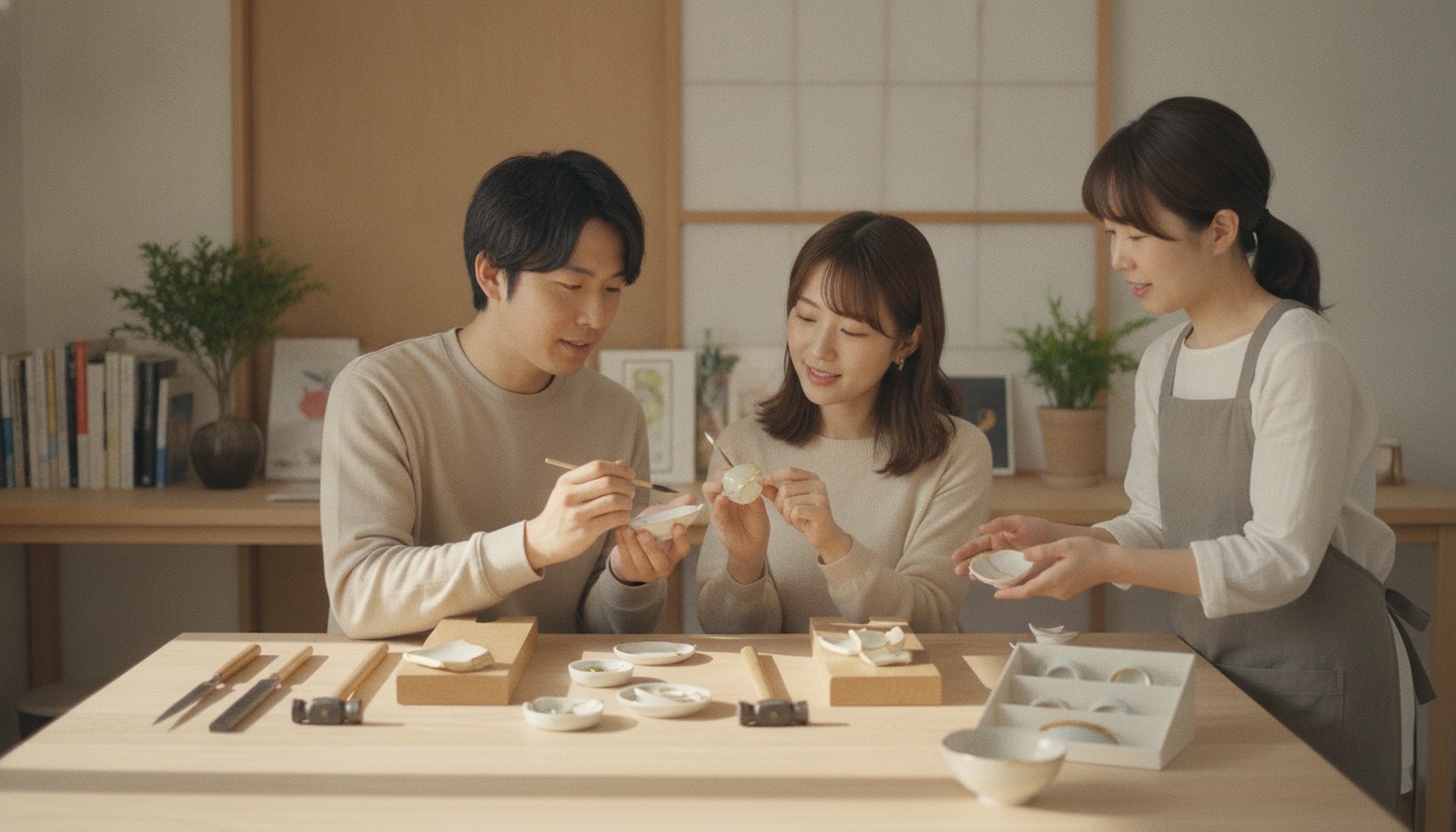 Repaired ceramics with gold-toned seams arranged on a quiet Tokyo worktable