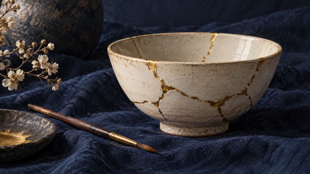 Illustration of a ceramic bowl with gold repair seams and a brush