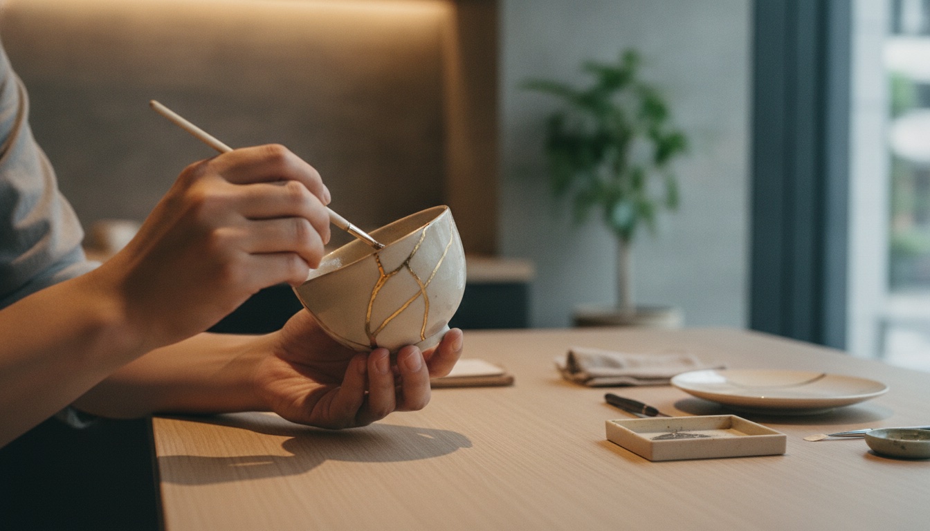 Repaired ceramic pieces and kintsugi tools on a calm Tokyo worktable