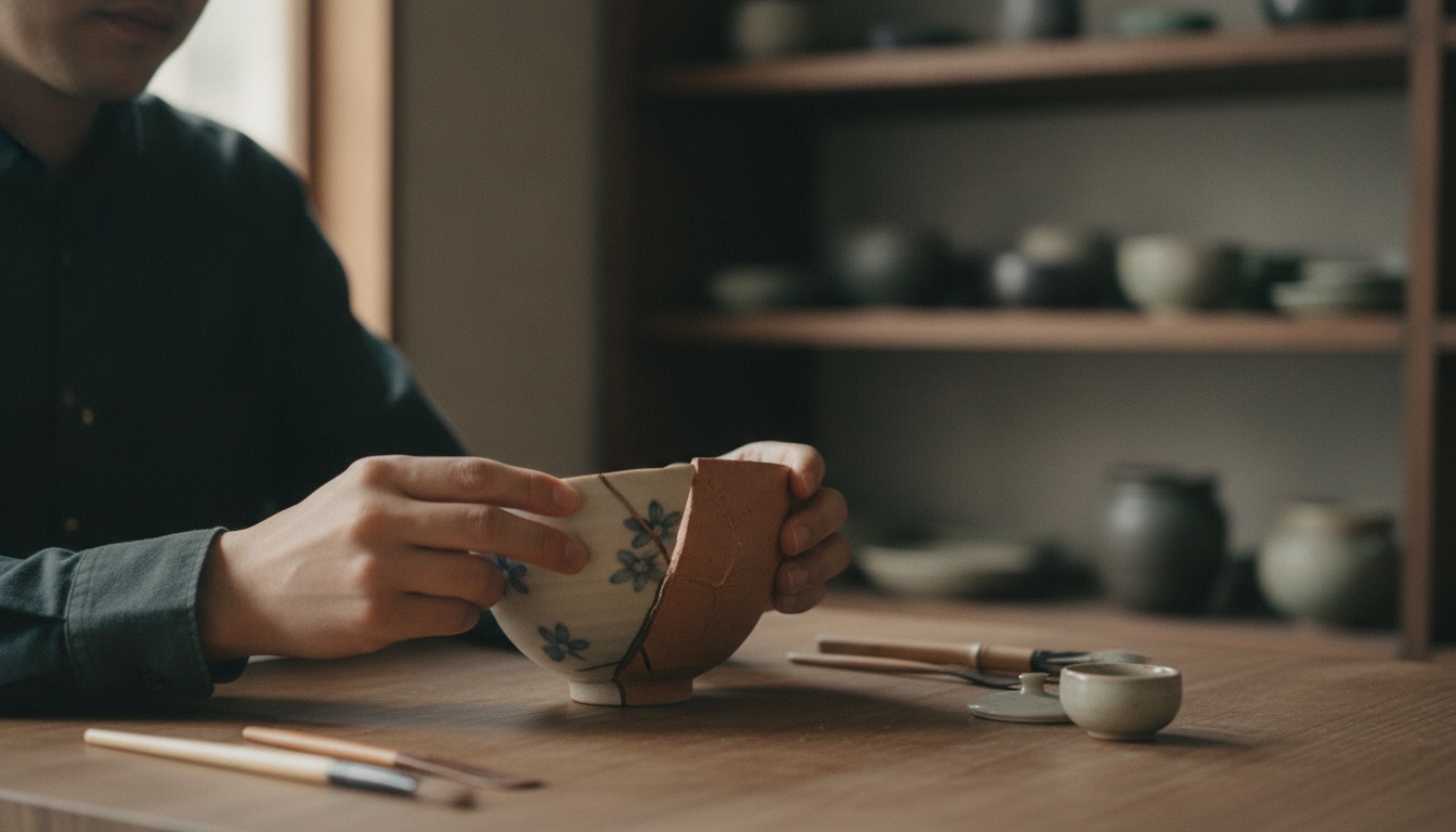 Repaired ceramics and kintsugi tools arranged in a calm Tokyo gallery workshop