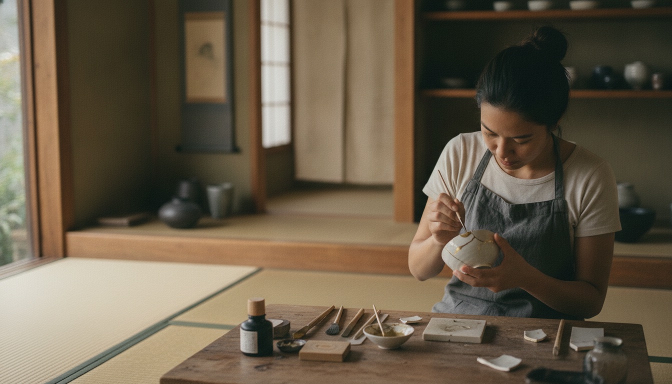 Repaired ceramic pieces with gold-toned seams on a calm Tokyo worktable