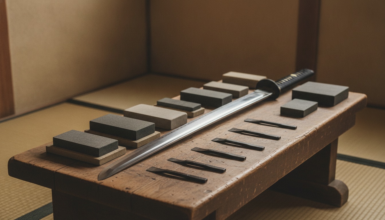 Traditional sword-polishing tools beside a blade in a quiet Tokyo workshop