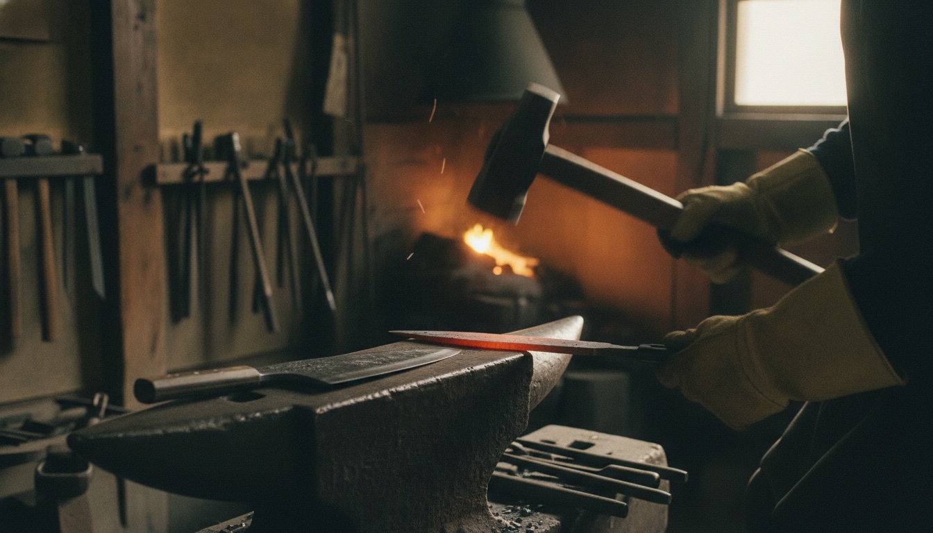 A forged blade taking shape on an anvil in a quiet traditional smithy
