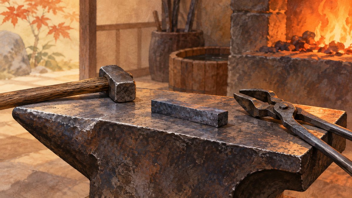 Illustration of a hammer, tongs and small steel blank on an anvil
