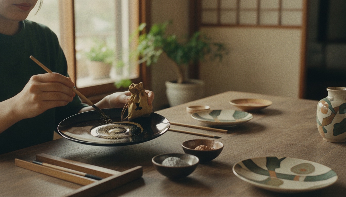 Hands decorating a lacquerware piece with metallic maki-e powder at a Tokyo workshop