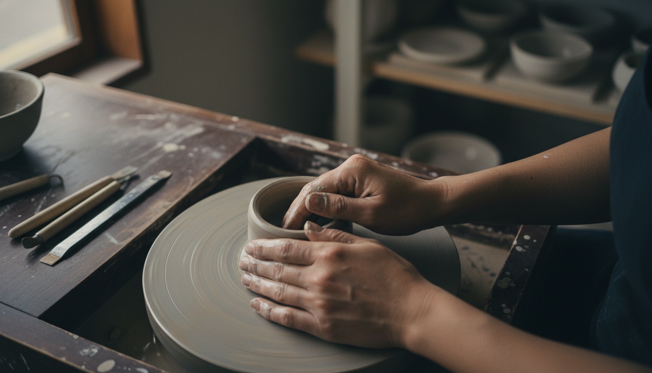 Hands shaping clay on a pottery wheel at Uzumako Pottery Studio in Mita, Tokyo